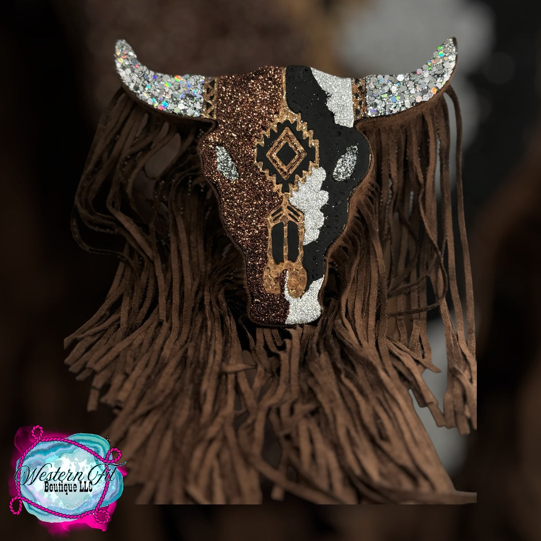 Cowprint/Brown Bull Skull W Fringe Car Freshie