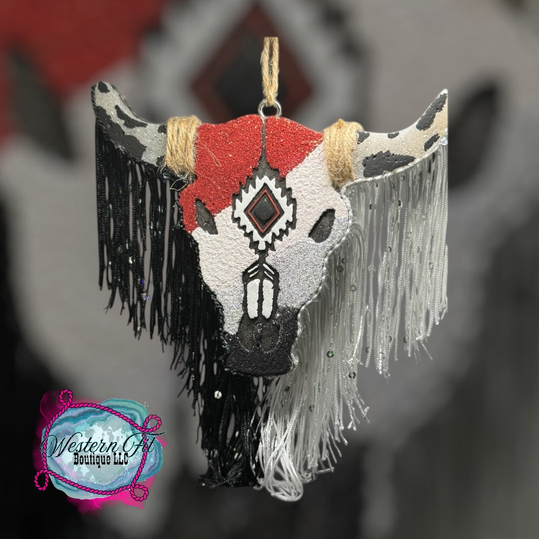 Cowprint red/whte/sliver/black Bull skull Car Freshie