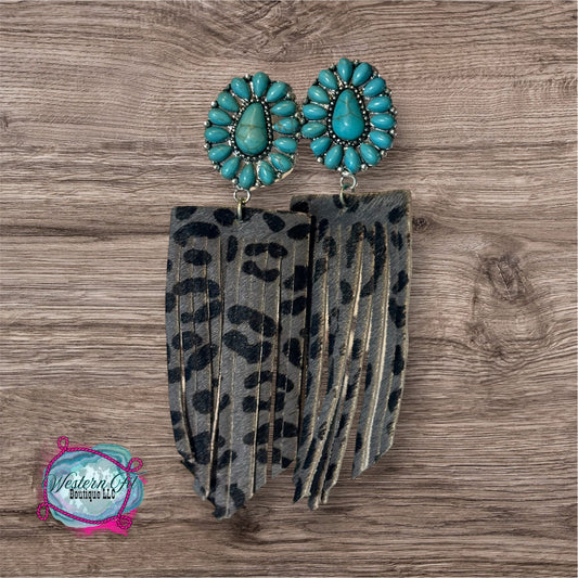 I'll Be Your Ranch Hand Turquoise Floral Concho with Grey Leopard Fringe Earrings